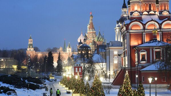 Сотрудники коммунальных служб убирают снег в парке Зарядье в Москве - Sputnik भारत