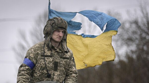 A Ukrainian serviceman is backdropped by his country's flag while standing on a tank - Sputnik India
