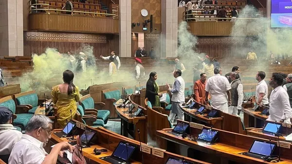 Picture from inside the Lok Sabha where yellow gas canister was unleashed by the unidentified young men - Sputnik भारत
