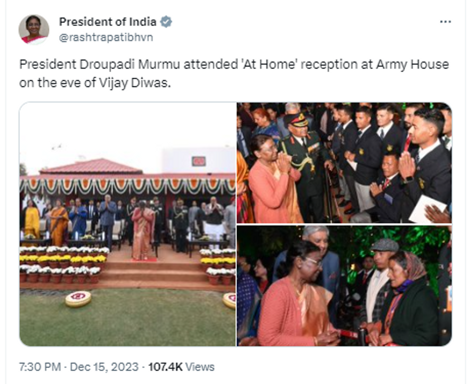 President Droupadi Murmu attended 'At Home' reception at Army House on the eve of Vijay Diwas. - Sputnik India, 1920, 16.12.2023