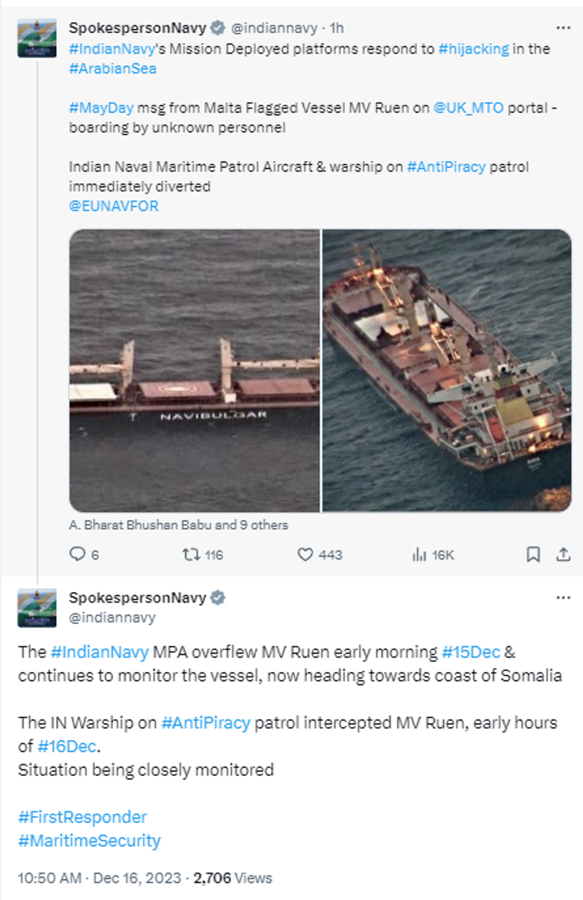 Indian Navy spokesperson posted on Twitter about Indian warship responding to Malta Vessel hijacked in Arabian Sea. - Sputnik भारत, 1920, 16.12.2023
