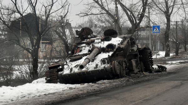 Ukraine's destroyed T-64 tank is seen in the Russian special operation zone. File photo - Sputnik भारत
