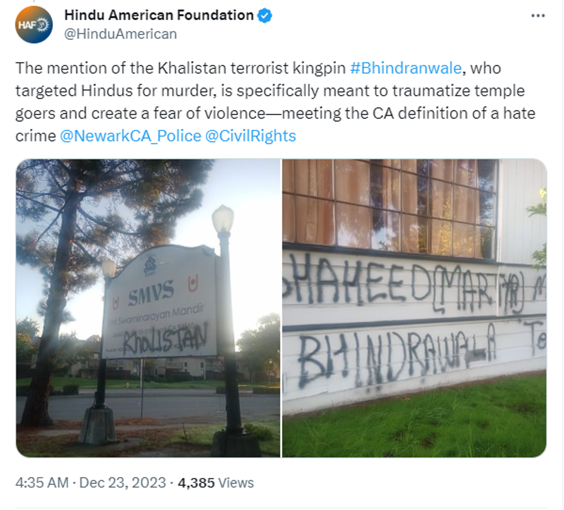Anti-India Slogans Were Written on Walls of Hindu Temple in California - Sputnik India, 1920, 23.12.2023