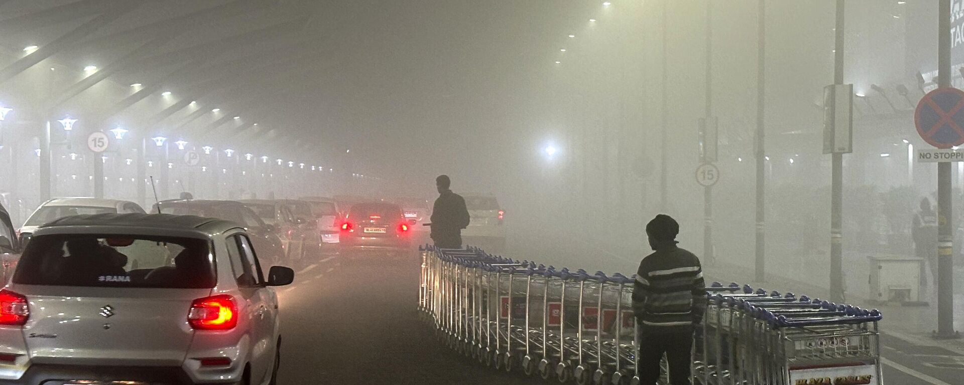 Airport staff take luggage trollies back inside the terminal amidst early morning fog at the Indira Gandhi International Airport, in New Delhi, India, Monday, Dec. 25, 2023. - Sputnik India, 1920, 28.12.2023
