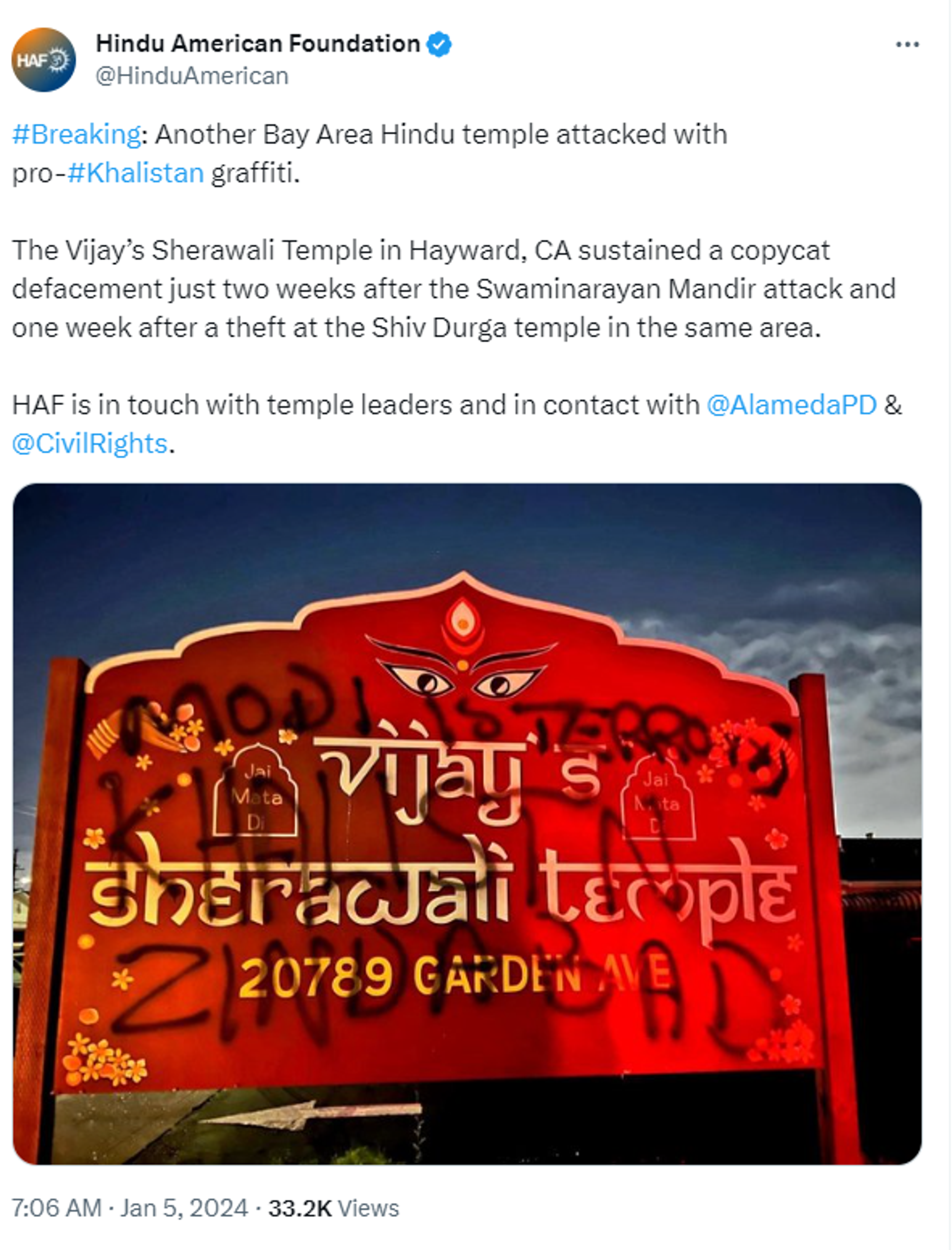 Pro-Khalisani supporters deface Hindu Temple Vijay's Sherawali Temple in Hayward, California on 5 January - Sputnik India, 1920, 05.01.2024