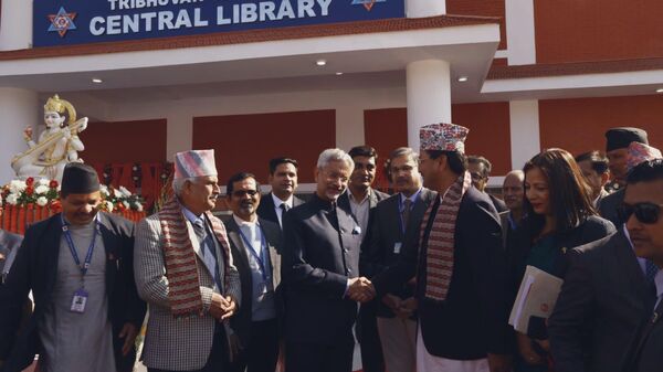 Indian EAM jaishankar and Ministry of Foreign Affairs of Nepal Narayan Prakash Saud at the inauguration of Tribhuvan University Central Library, 25 schools, 32 health facilities and culture sector project in Nepal. - Sputnik India