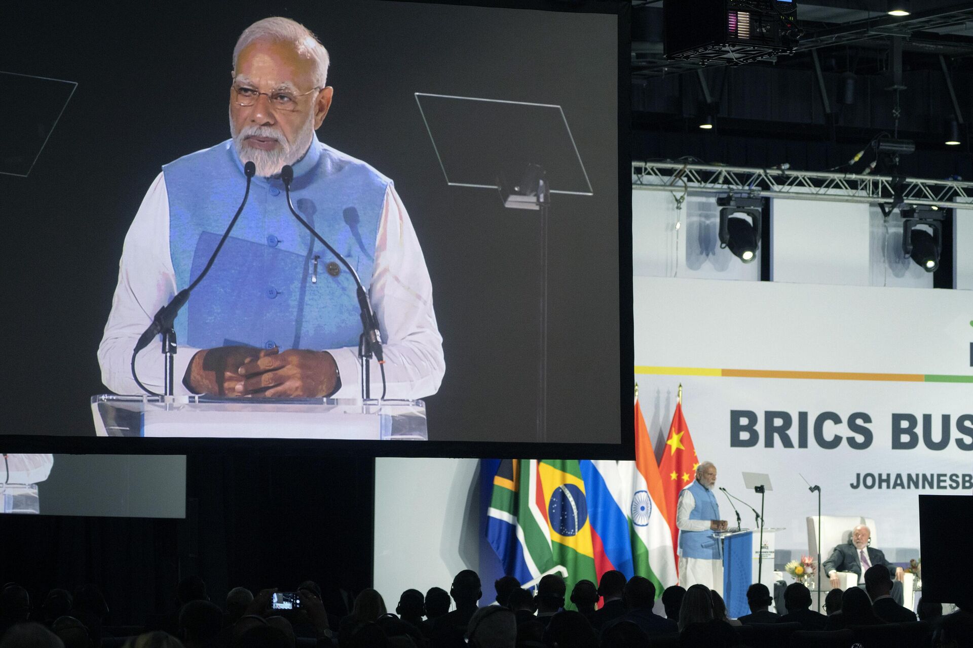 Indian Prime Minister Narendra Modi addresses leaders from the BRICS group of emerging economies at the start of a three-day summit in Johannesburg, South Africa, Tuesday, Aug. 22, 2023. - Sputnik India, 1920, 15.02.2024