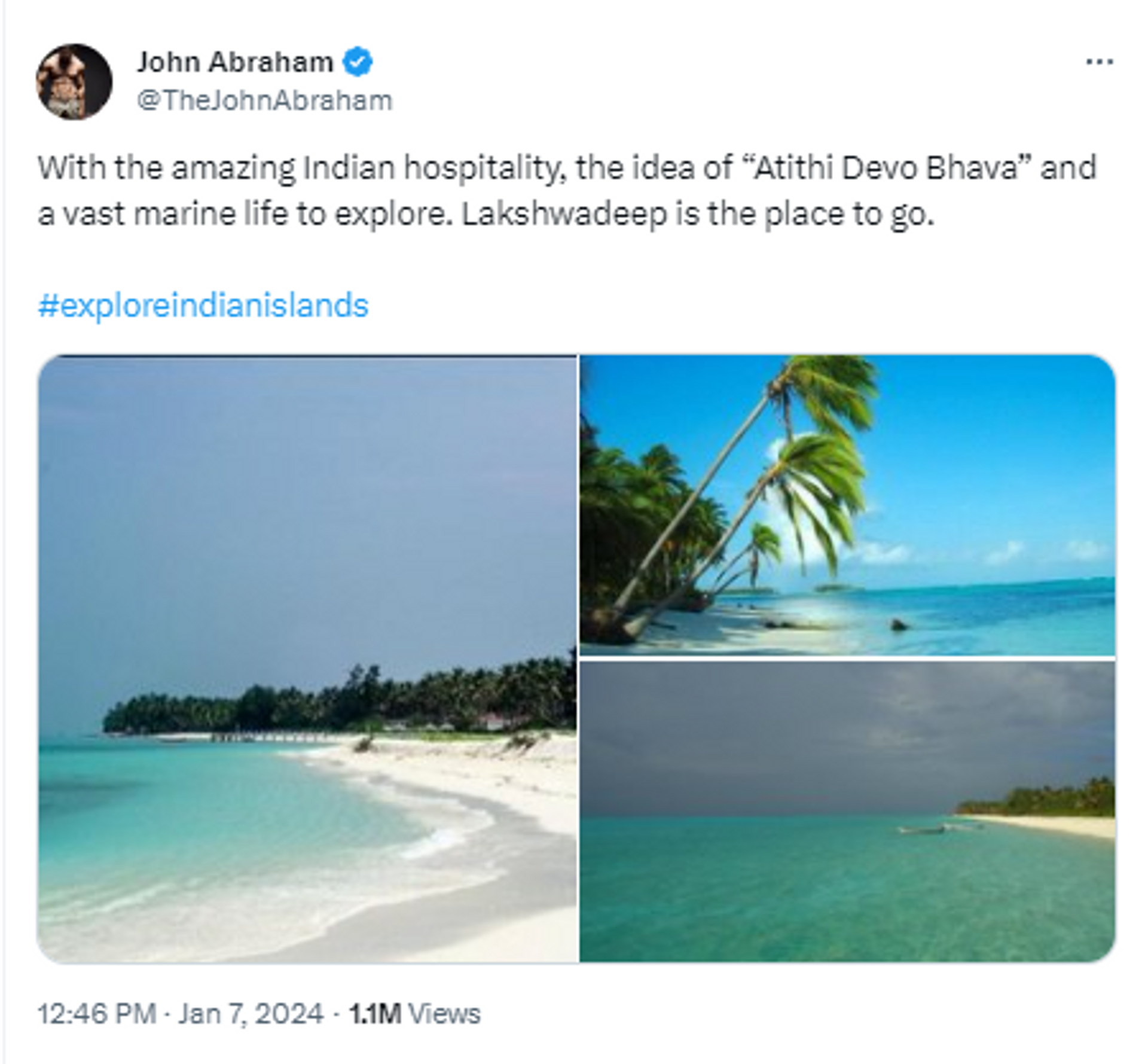 Bollywood actor John Abraham expresses solidarity with Prime Minister Narendra Modi as they promote Lakshadweep tourism in his recent post on X.  - Sputnik India, 1920, 07.01.2024