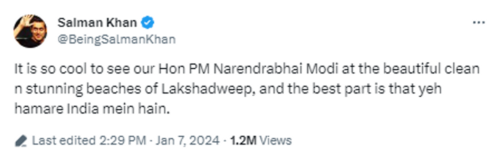Bollywood superstar Salman Khan expresses solidarity with Prime Minister Narendra Modi as they promote Lakshadweep tourism in his recent post on X.  - Sputnik India, 1920, 07.01.2024