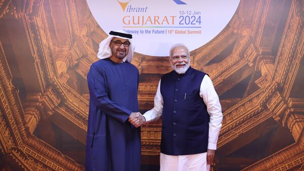 Indian Prime Minister Narendra Modi and United Arab Emirates (UAE) President Sheikh Mohamed bin Zayed al Nahyan held meeting on the sidelines of Vibrant Gujarat Summit on 10 January. - Sputnik India