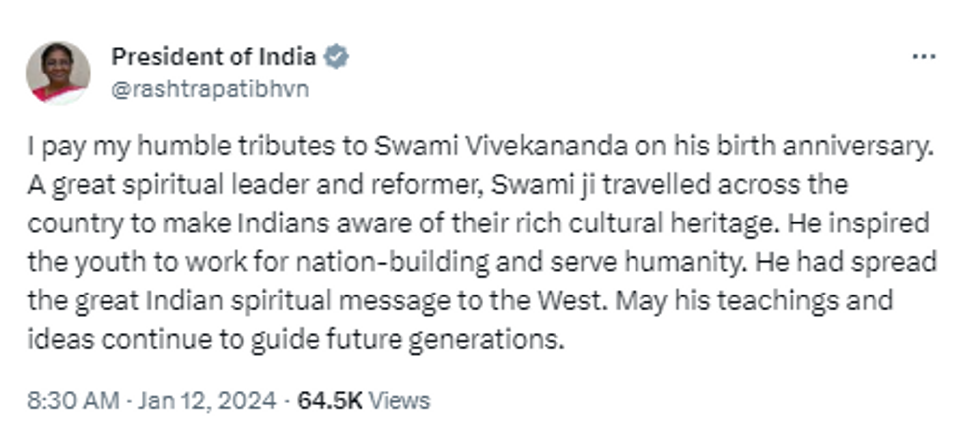 President Droupadi Murmu paid tribute to Swami Vivekananda on his 161st birth anniversary and National Youth Day. - Sputnik India, 1920, 12.01.2024
