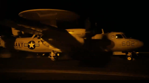 An X screenshot of a US Navy plane taking part in in the January 11, 2024 air strikes on Houthi targets in Yemen, conducted by the US and the UK.  - Sputnik India