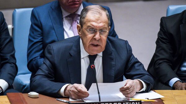 Russian Foreign Minister Sergei Lavrov, speaks to delegates during a security council meeting at United Nations Headquarters, Monday, Jan. 22, 2024. - Sputnik भारत