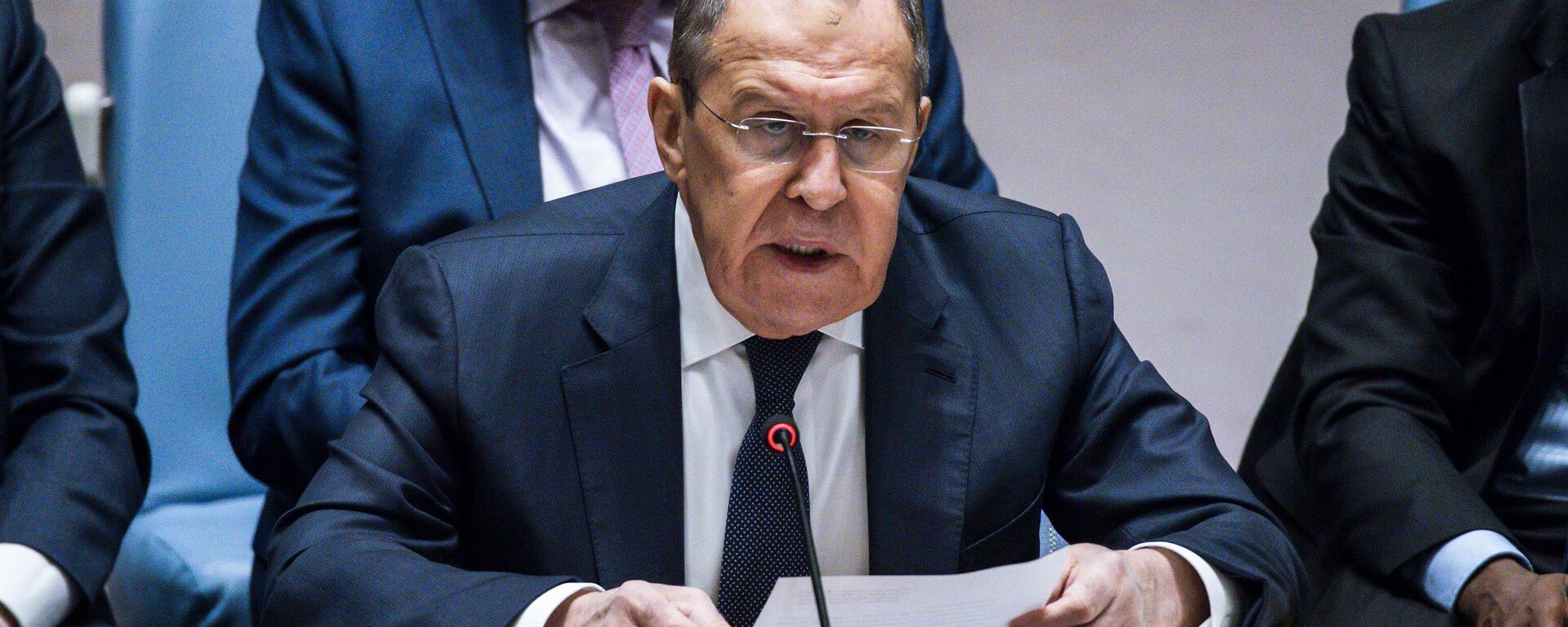 Russian Foreign Minister Sergei Lavrov, speaks to delegates during a security council meeting at United Nations Headquarters, Monday, Jan. 22, 2024. - Sputnik भारत, 1920, 23.01.2024