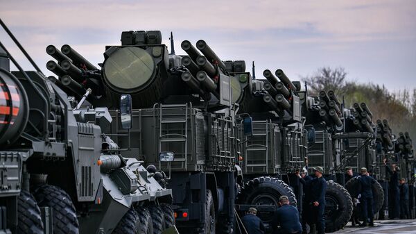 The Pantsir-S mobile self-propelled surface-to-air anti-aircraft system vehicles are parked during its preparation for the upcoming Victory Day Military Parade, in Moscow, Russia. - Sputnik भारत