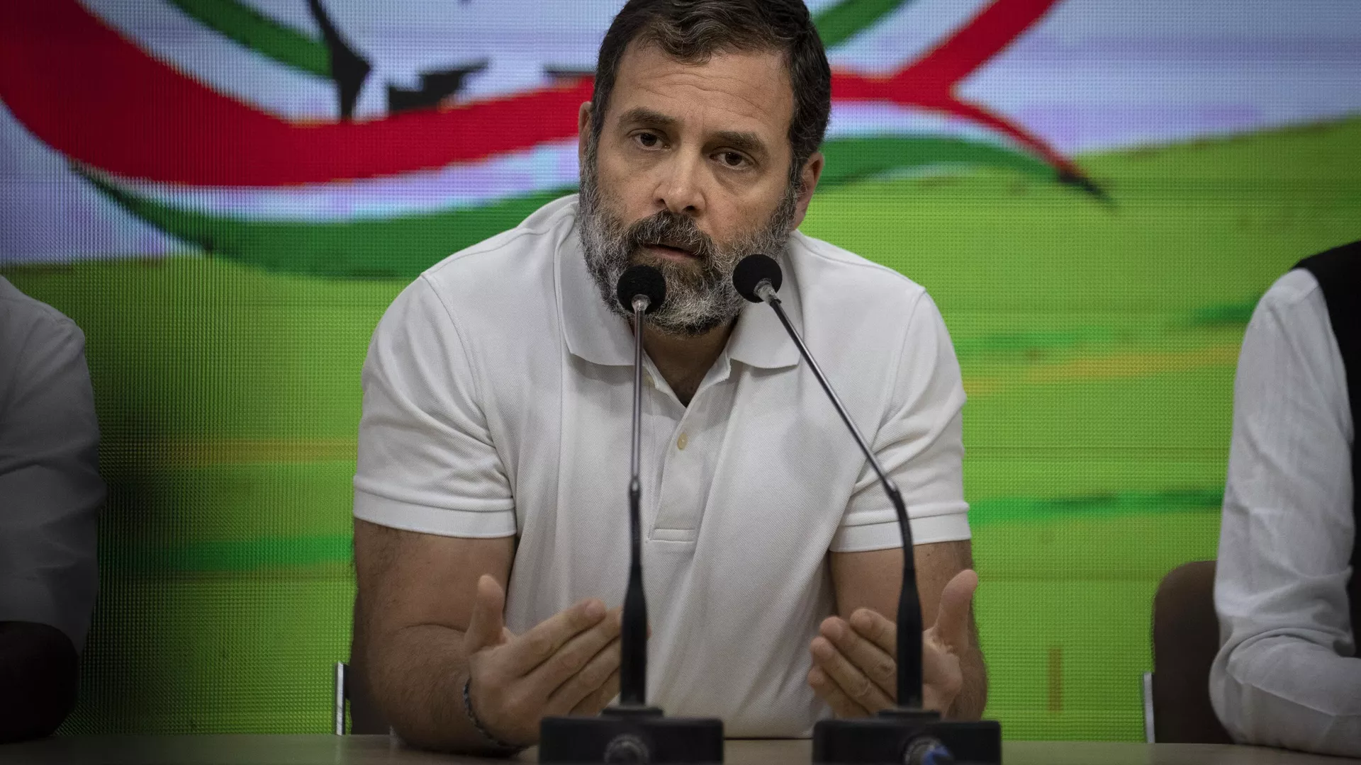 Indian opposition leader Rahul Gandhi addresses a press conference after being expelled from parliament in New Delhi, India, Saturday, March 25, 2023.