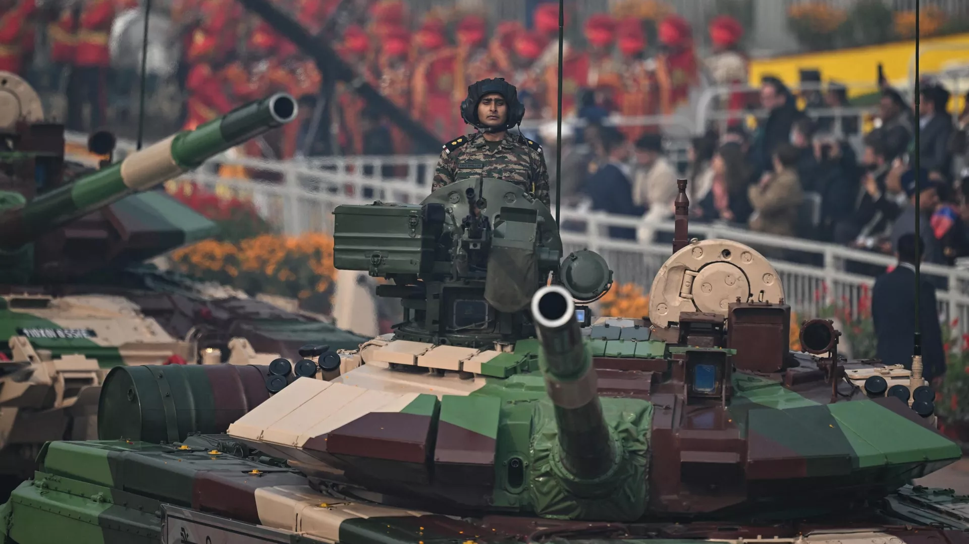 Indian army soldiers on T-90 Bhishma battle tanks take part in India’s 75th Republic Day parade in New Delhi on January 26, 2024.