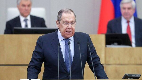 Russian Foreign Minister Sergey Lavrov delivers his speech at the State Duma, the Lower House of the Russian Parliament in Moscow, Russia, on Wednesday, Feb. 14, 2024. - Sputnik India