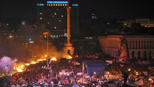 In the winter of 2014, violent clashes between protesters, including nationalists, and Ukrainian security forces broke out on Independence Square, known in Ukrainian as Maidan Nezalezhnosti, in Kiev. Photo: Tents of European integration supporters on Independence Square in Kiev, where clashes between the opposition and police broke out. 18 February 2014.
 - Sputnik भारत