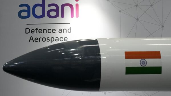 A model of new generation anti-radiation missile Rudram-1 is displayed at the exhibition stall of Adani Defence and Aerospace on the second day of the Aero India 2023 at Yelahanka air base in Bengaluru, India, Tuesday, Feb. 14, 2023. - Sputnik भारत