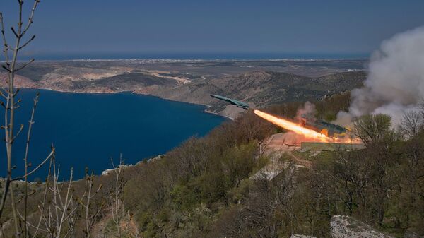 The Utyos stationary coastal missile system launches a P-35 cruise missile during the Black Sea Fleet's tactical drill in Crimea - Sputnik भारत