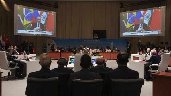 Russian President Putin addresses the BRICS summit via video link,  in Johannesburg, South Africa, Wednesday, Aug. 23, 2023.  - Sputnik भारत