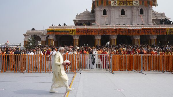 Indian Prime Minister Narendra Modi, arrives to lead the opening of a temple dedicated to Hinduism's Lord Ram in Ayodhya, India, Jan. 22, 2024. - Sputnik भारत