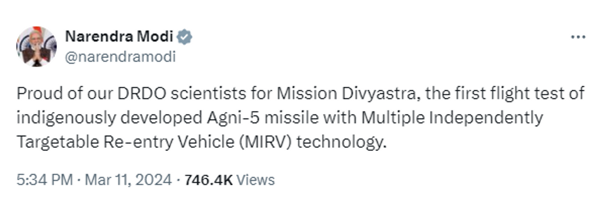 Prime Minister Narendra Modi congratulated Defence Research and Development Organisation (DRDO) scientists for successfully conducting the first flight test of the indigenously developed Agni-5 missile - Sputnik India, 1920, 11.03.2024