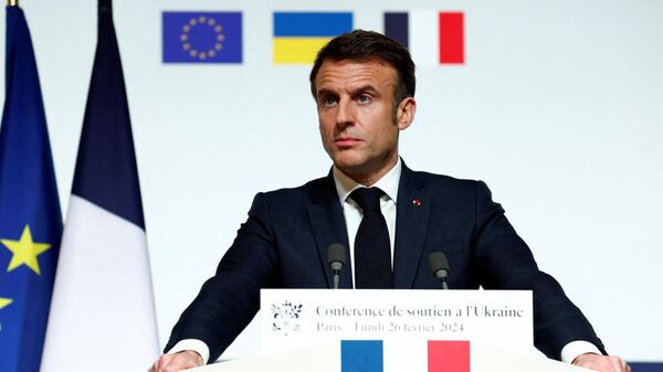 French President Emmanuel Macron speaks during a press conference at the end of the international conference aimed at strengthening Western support for Ukraine, at the Elysee presidential palace in Paris, on February 26, 2024.  - Sputnik India