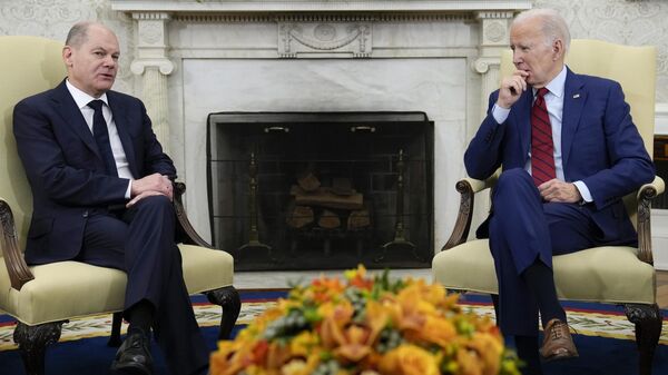 President Joe Biden listens as German Chancellor Olaf Scholz speaks during a meeting in the Oval Office of the White House in Washington, Friday, March 3, 2023. - Sputnik भारत