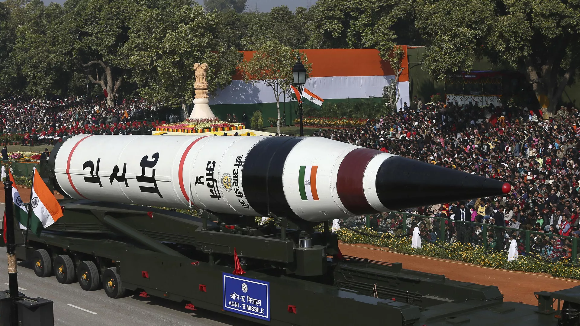  In this Jan. 26, 2013, file photo, the long range ballistic Agni-V missile is displayed during Republic Day parade, in New Delhi, India. India has successfully conducted its first test flight of a domestically developed missile that can carry multiple warheads, Prime Minister Narendra Modi said Monday.