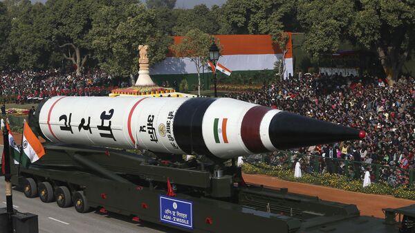  In this Jan. 26, 2013, file photo, the long range ballistic Agni-V missile is displayed during Republic Day parade, in New Delhi, India. India has successfully conducted its first test flight of a domestically developed missile that can carry multiple warheads, Prime Minister Narendra Modi said Monday. - Sputnik India