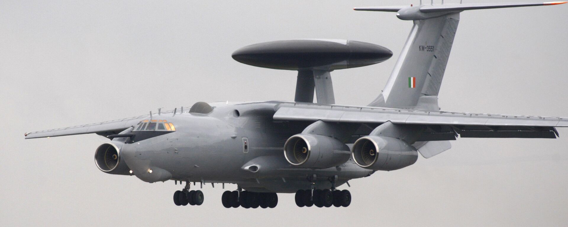 An Indian Air Force (IAF) IL-76 aircraft mounted with an AWAC (Airborne Warning and Control System) gets ready to land, at the rehearsal of the IAF Day Parade in New Delhi, India, Tuesday, Oct. 6, 2009. - Sputnik India, 1920, 24.02.2025