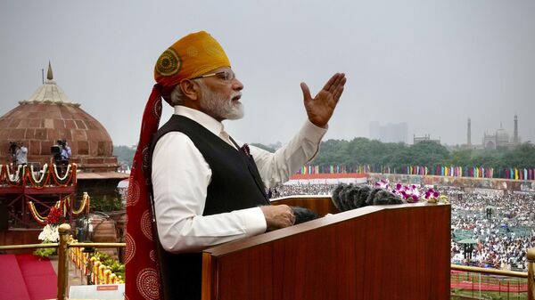 Indian Prime Minister Narendra Modi speaks from the ramparts of the Red Fort monument on Independence Day in New Delhi, India, Tuesday, Aug.15, 2023. - Sputnik India