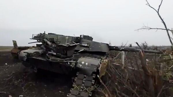 Abrams MBT knocked out near the Donetsk suburb of Avdeyevka. Screenshot of Russian Defense Ministry video. - Sputnik India