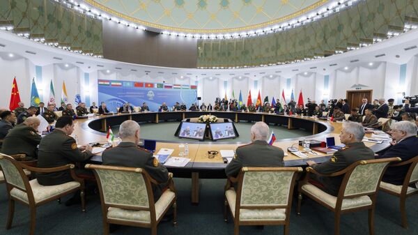 In this photo released by the Russian Defense Ministry Press Service on Friday, April 26, 2024, a view of the Shanghai Cooperation Organisation (SCO) Defense Ministers' Meeting in Astana, Kazakhstan. (Vadim Savitsky, Russian Defense Ministry Press Service via AP) - Sputnik भारत