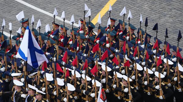 Russian servicemen march in columns before a military parade on Victory Day, which marks the 79th anniversary of the victory over Nazi Germany in World War Two, in Red Square in Moscow, Russia. - Sputnik भारत