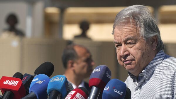 United Nations Secretary General Antonio Guterres speaks after visiting the Rafah border crossing between Egypt and the Gaza Strip, Saturday, March 23, 2024. - Sputnik भारत