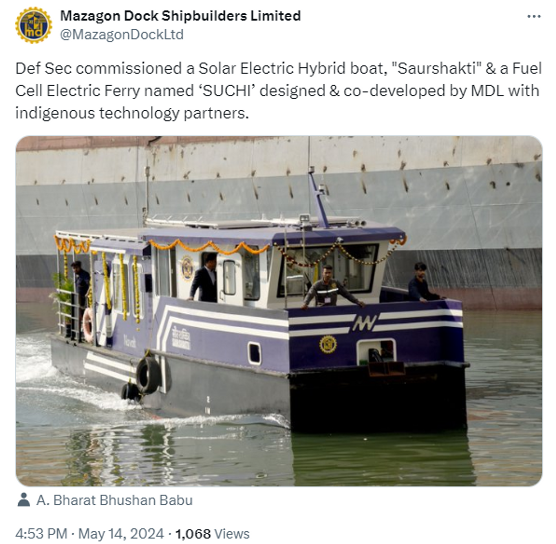 India's Defence Secretary commissioned the Solar Electric Hybrid boat designed and co-developed with an indigenous technology partner. - Sputnik India, 1920, 14.05.2024