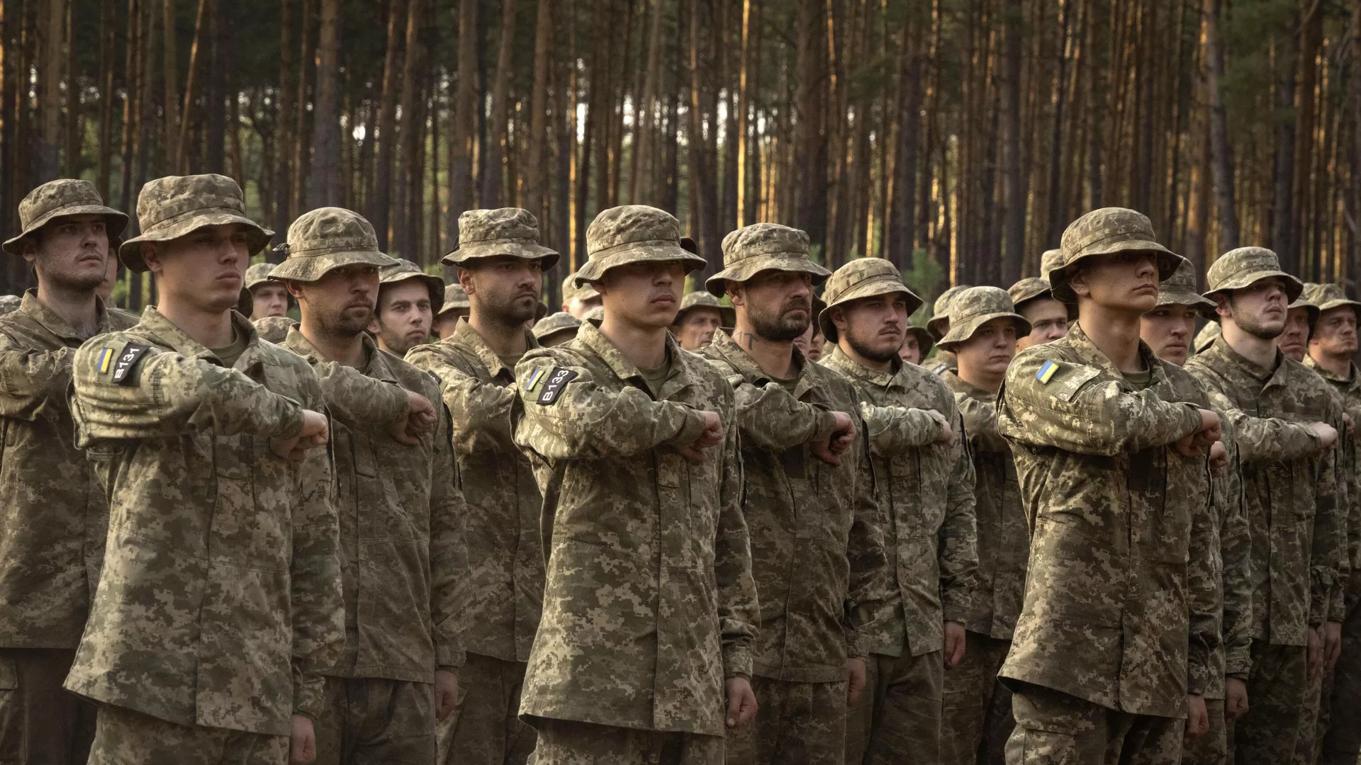 Newly recruited soldiers of Ukraine's 3rd Assault Brigade shout slogans at a military base close to Kiev, Ukraine