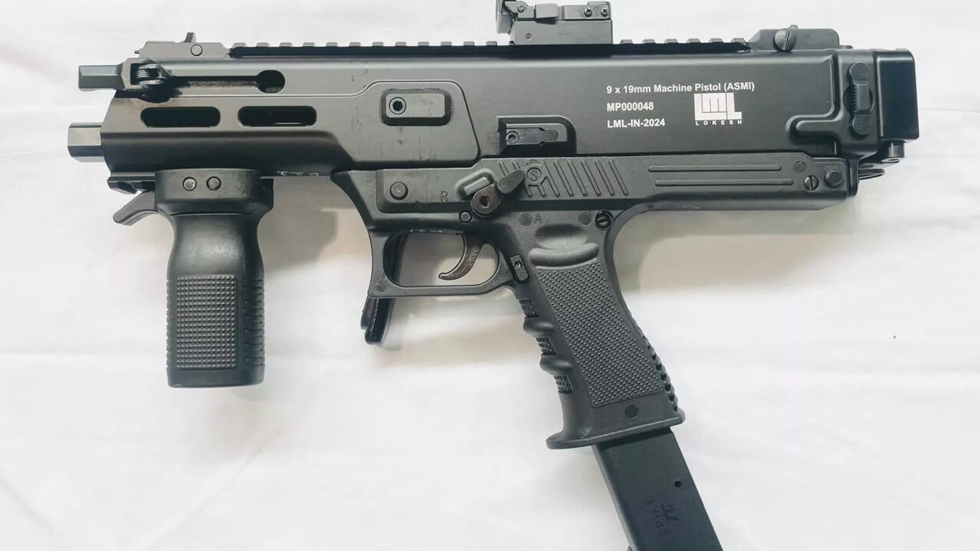 Submachine gun made by Hyderabad company ASMI. Armament Research and Development Establishment of DRDO.