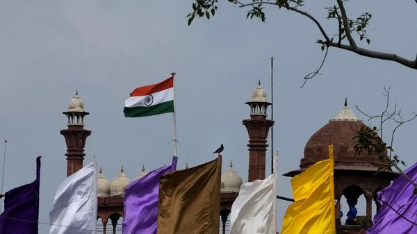 A bird sits on a fluttering colored flag against the Red Fort, the main venue for the Independence Day celebrations from where Indian prime minister Narendra Modi will address the nation on Thursday, in New Delhi, India, Wednesday, Aug. 14, 2024. - Sputnik India