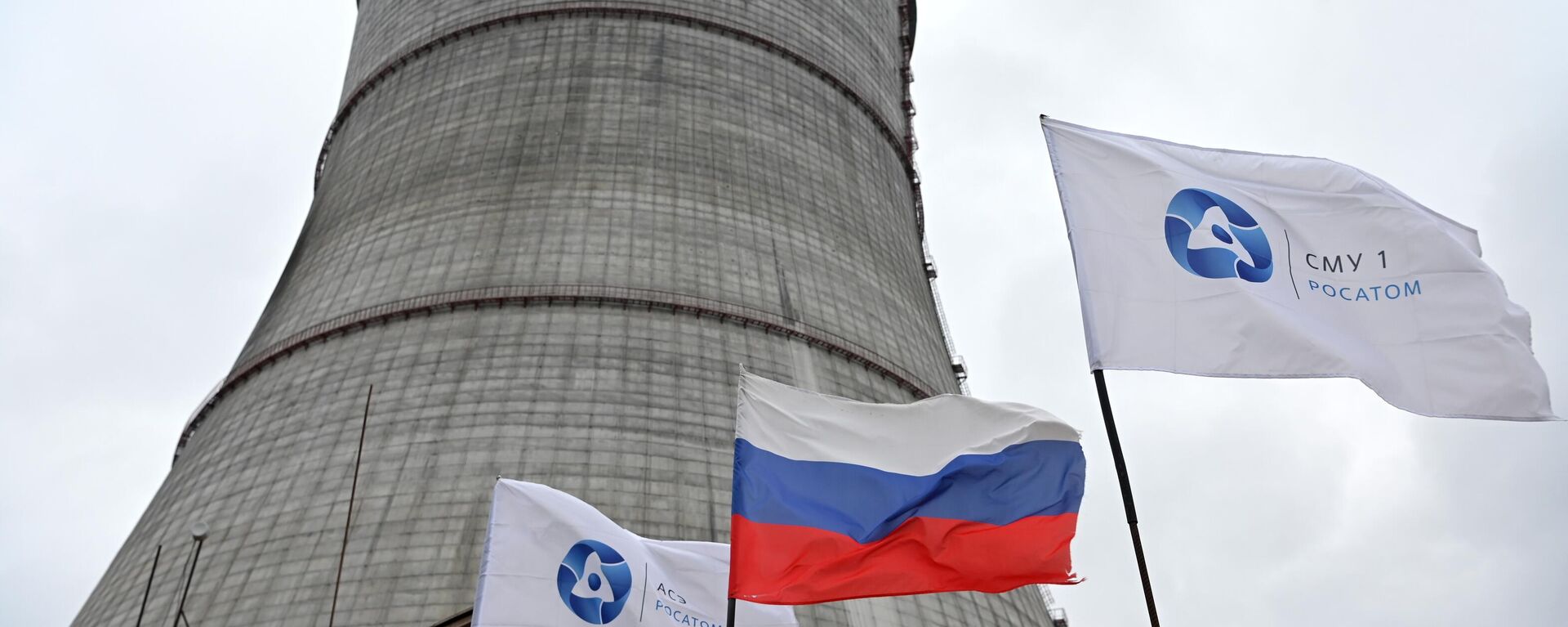 A Russian national flag and flags with the logo of Rosatom flutters at the construction site of a cooling tower at the Kursk II nuclear power plant near the village of Makarovka outside Kurchatov, Kursk region, Russia - Sputnik भारत, 1920, 22.08.2024