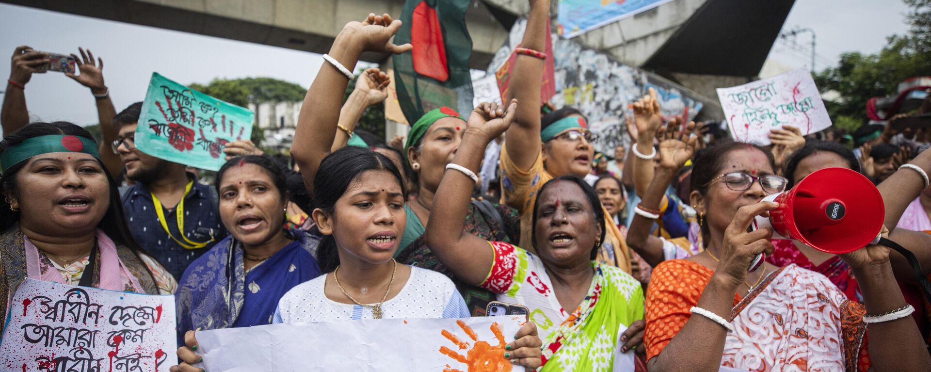 Hindus in Bangladesh hold a rally condemning violence against them and other religious groups in the Muslim-majority country, in Dhaka, Bangladesh, Monday, Aug. 12, 2024. (AP Photo/Rajib Dhar) - Sputnik India, 1920, 12.12.2024