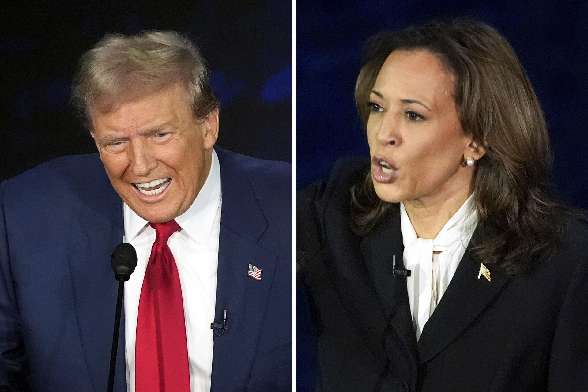 This combination of photos shows Republican presidential nominee former President Donald Trump, left, and Democratic presidential nominee Vice President Kamala Harris during an ABC News presidential debate at the National Constitution Center, Tuesday, Sept. 10, 2024, in Philadelphia. - Sputnik India, 1920, 31.12.2024