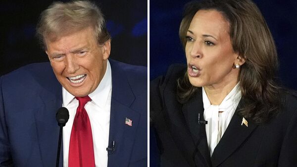 This combination of photos shows Republican presidential nominee former President Donald Trump, left, and Democratic presidential nominee Vice President Kamala Harris during an ABC News presidential debate at the National Constitution Center, Tuesday, Sept. 10, 2024, in Philadelphia. - Sputnik India