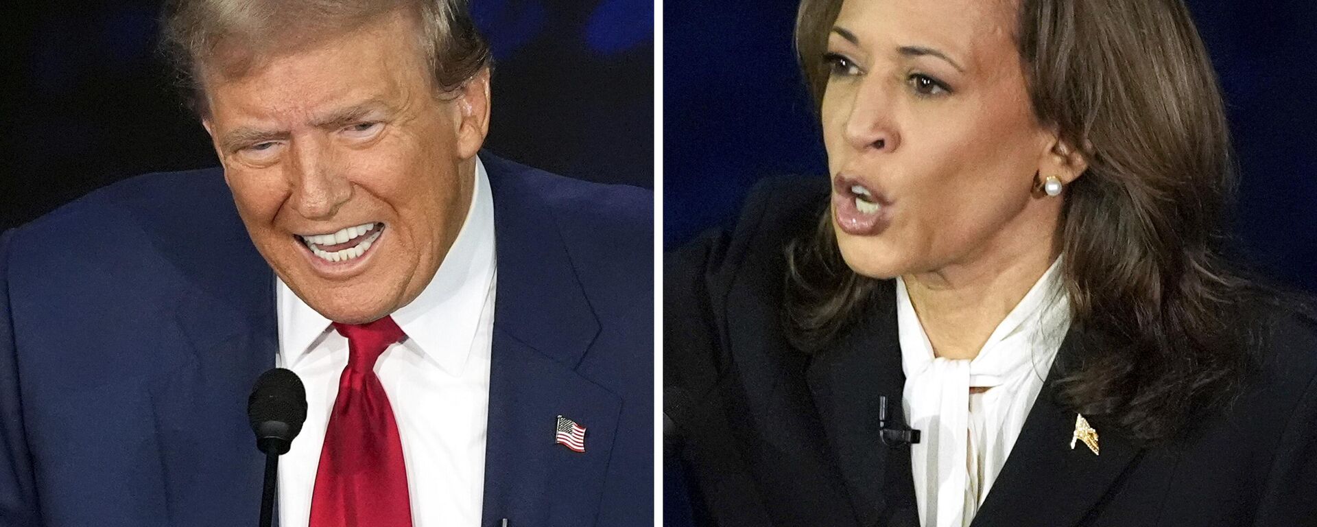 This combination of photos shows Republican presidential candidate Donald Trump, left, and Democratic contender Vice President Kamala Harris during an ABC News presidential debate at the National Constitution Center, Tuesday, Sept. 10, 2024, in Philadelphia. - Sputnik India, 1920, 05.11.2024