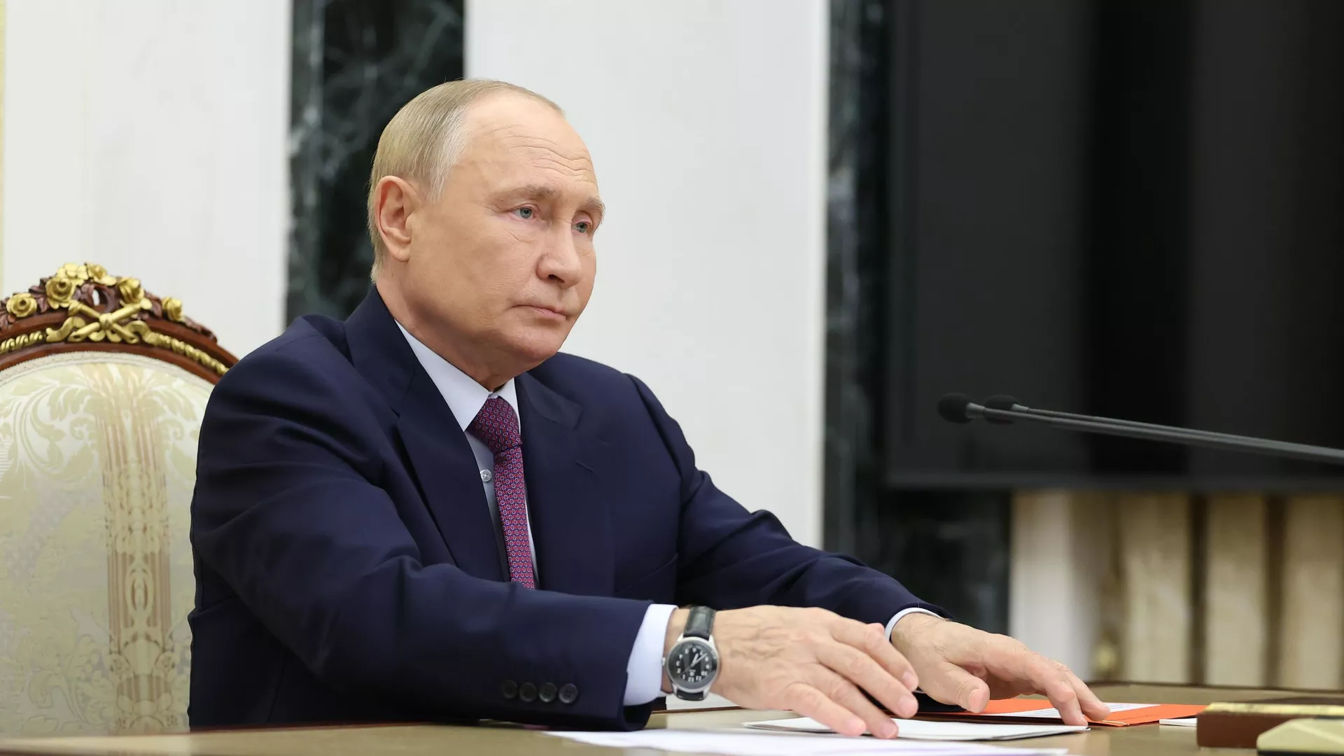 Russian President Vladimir Putin holds a meeting with members of the Security Council at the Kremlin in Moscow, Russia.