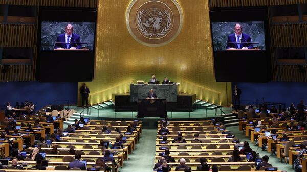 Russian Foreign Minister Sergey Lavrov addresses the 79th session of the United Nations General Assembly at the UN Headquarters, in New York City, the United States. - Sputnik भारत