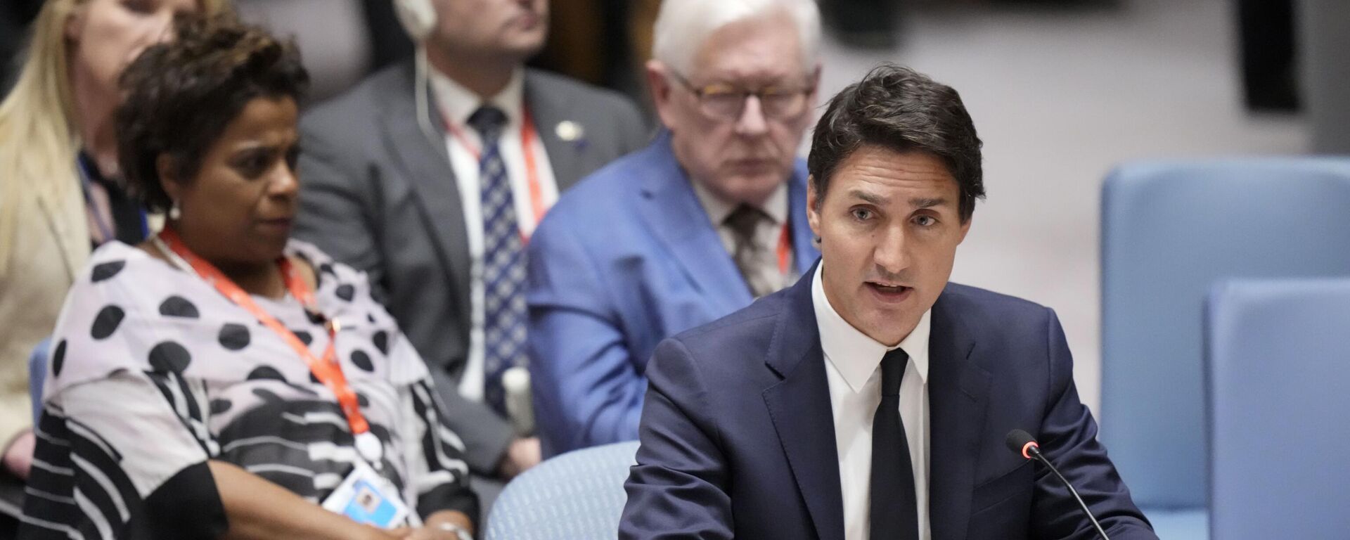 Canadian Prime Minister Justin Trudeau speaks during a high level Security Council meeting on the situation in Ukraine, Wednesday, Sept. 20, 2023, at United Nations headquarters. (AP Photo/Mary Altaffer) - Sputnik India, 1920, 18.10.2024